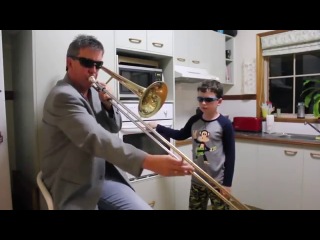 father plays trombone, son plays along with stove door / while mom is away / timmy trumpet - freaks